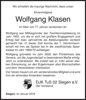 Traueranzeige von Wolfgang Klasen von Siegener Zeitung