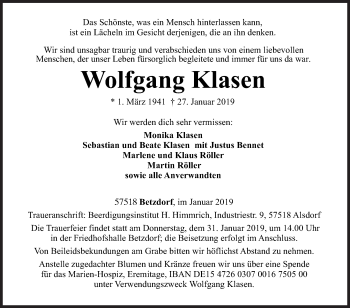 Traueranzeige von Wolfgang Klasen von Siegener Zeitung