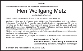 Traueranzeige von Wolfgang Metz von Siegener Zeitung