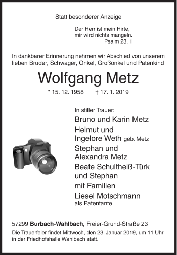 Traueranzeige von Wolfgang Metz von Siegener Zeitung
