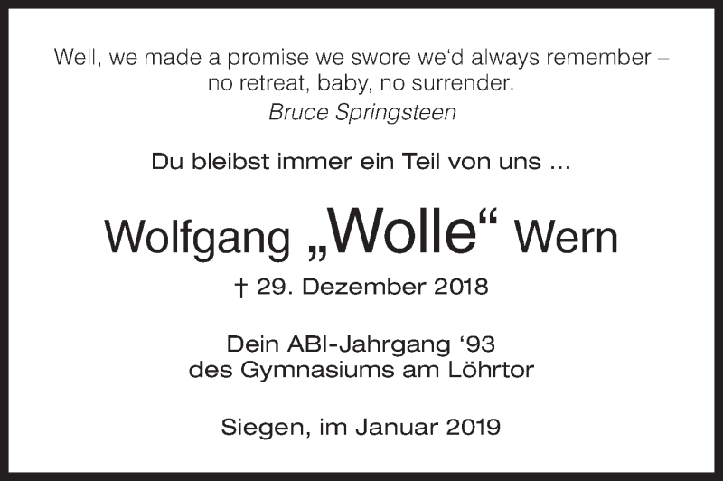  Traueranzeige für Wolfgang Wolle Wern vom 09.01.2019 aus Siegener Zeitung