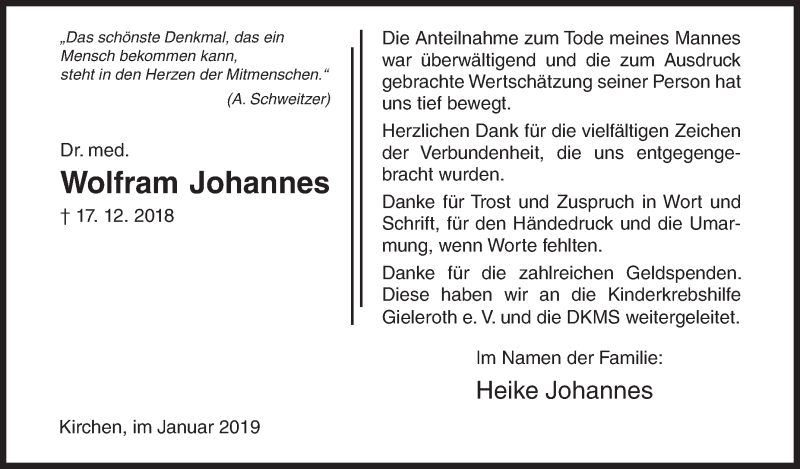  Traueranzeige für Wolfram Johannes vom 26.01.2019 aus Siegener Zeitung