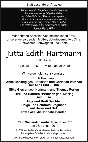 Traueranzeige von utta Edith Hartmann von Siegener Zeitung