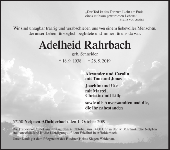 Traueranzeige von Adelheid Rahrbach von Siegener Zeitung