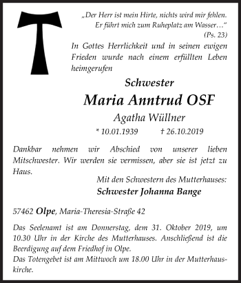 Traueranzeige von Agatha Wüllner von Siegener Zeitung
