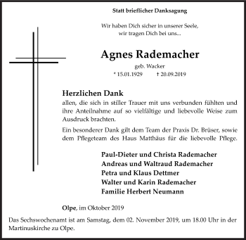 Traueranzeige von Agnes Rademacher von Siegener Zeitung