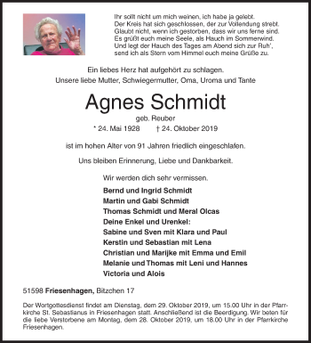 Traueranzeige von Agnes Schmidt von Siegener Zeitung