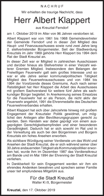 Traueranzeige von Albert Klappert von Siegener Zeitung