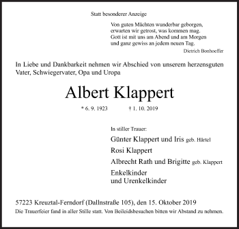 Traueranzeige von Albert Klappert von Siegener Zeitung