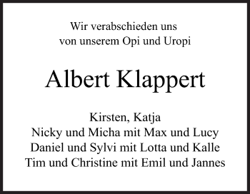 Traueranzeige von Albert Klappert von Siegener Zeitung