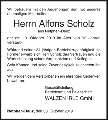 Traueranzeige von Alfons Scholz von Siegener Zeitung