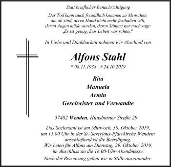 Traueranzeige von Alfons Stahl von Siegener Zeitung