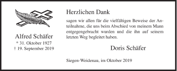 Traueranzeige von Alfred Schäfer von Siegener Zeitung
