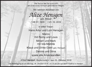 Traueranzeige von Alize Hensgen von Siegener Zeitung