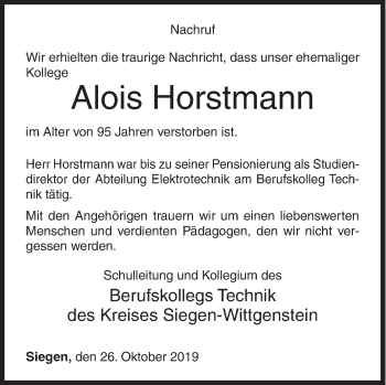Traueranzeige von Alois Horstmann von Siegener Zeitung