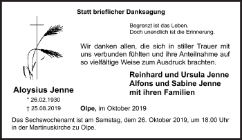Traueranzeige von Aloysius Jenne von Siegener Zeitung