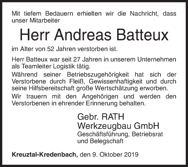  Traueranzeige für Andreas Batteux vom 09.10.2019 aus Siegener Zeitung