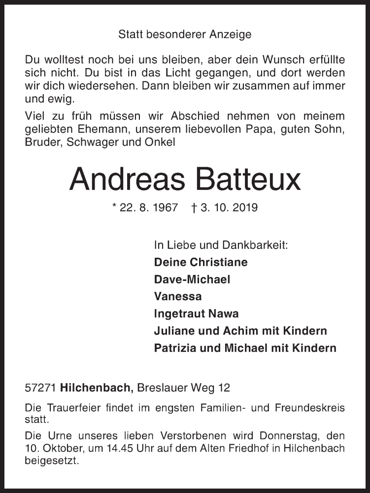  Traueranzeige für Andreas Batteux vom 07.10.2019 aus Siegener Zeitung