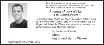 Traueranzeige von Andreas Winkel von Siegener Zeitung
