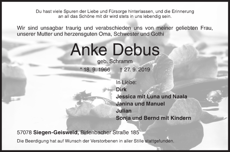  Traueranzeige für Anke Debus vom 08.10.2019 aus Siegener Zeitung