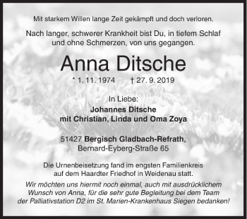 Traueranzeige von Anna Ditsche von Siegener Zeitung