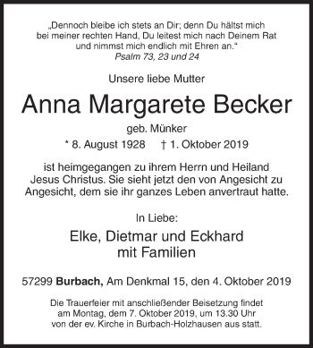 Traueranzeige von Anna Margarete Becker von Siegener Zeitung