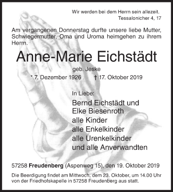 Traueranzeige von Anne-Marie Eichstädt von Siegener Zeitung
