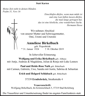 Traueranzeige von Anneliese Birkelbach von Siegener Zeitung