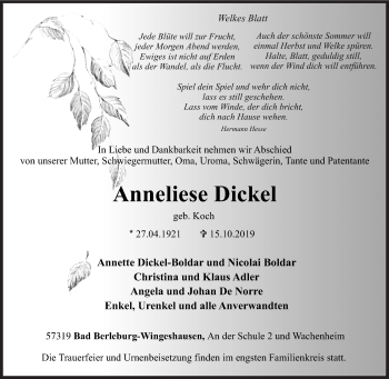 Traueranzeige von Anneliese Dickel von Siegener Zeitung