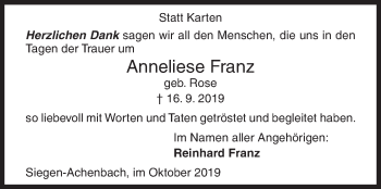 Traueranzeige von Anneliese Franz von Siegener Zeitung
