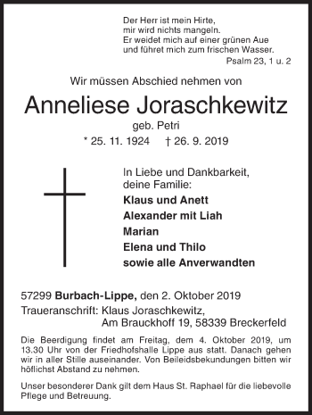 Traueranzeige von Anneliese Joraschkewitz von Siegener Zeitung