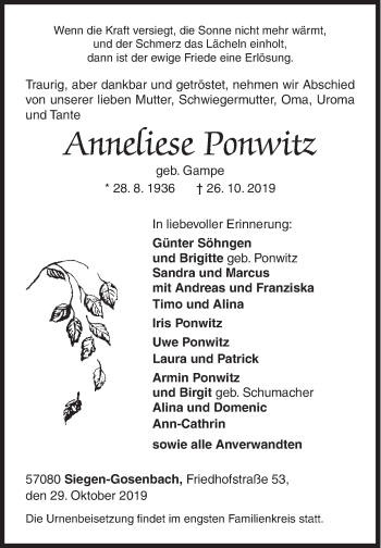 Traueranzeige von Anneliese Ponwitz von Siegener Zeitung