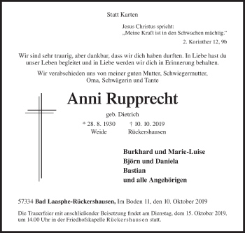 Traueranzeige von Anni Rupprecht von Siegener Zeitung