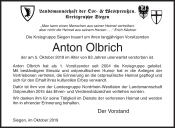 Traueranzeige von Anton Olbrich von Siegener Zeitung