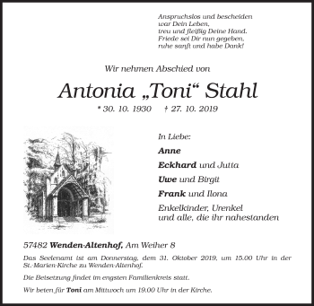 Traueranzeige von Antonia  Stahl von Siegener Zeitung