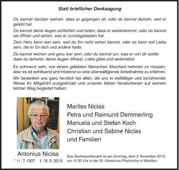 Traueranzeige von Antonius Niclas von Siegener Zeitung