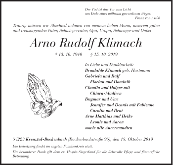 Traueranzeige von Arno Rudolf Klimach von Siegener Zeitung