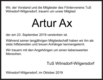 Traueranzeige von Artur Ax von Siegener Zeitung