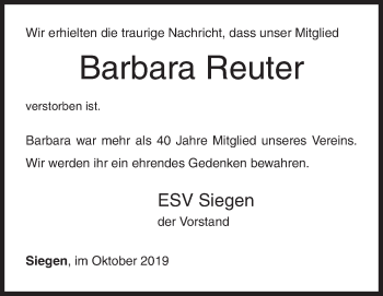 Traueranzeige von Barbara Reuter von Siegener Zeitung