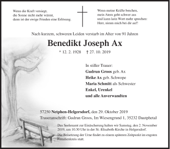 Traueranzeige von Benedikt Joseph Ax von Siegener Zeitung