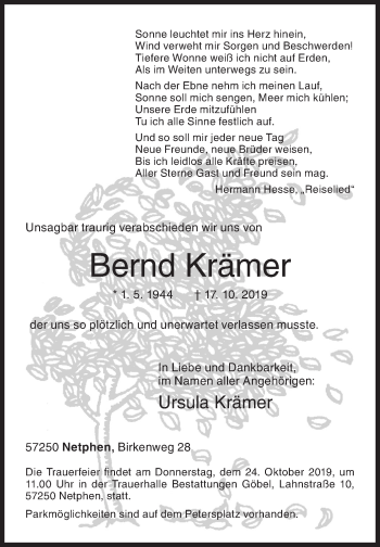 Traueranzeige von Bernd Krämer von Siegener Zeitung