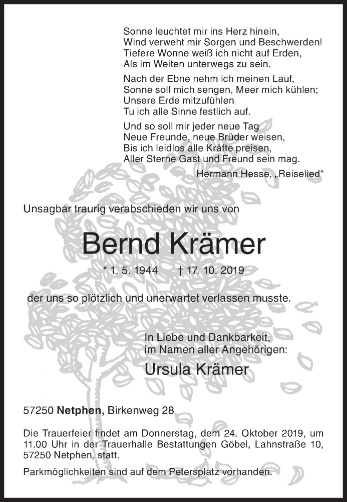  Traueranzeige für Bernd Krämer vom 19.10.2019 aus Siegener Zeitung