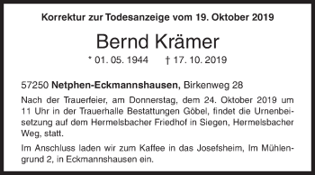 Traueranzeige von Bernd Krämer von Siegener Zeitung