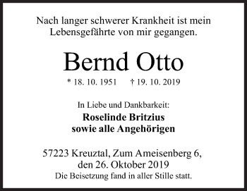 Traueranzeige von Bernd Otto von Siegener Zeitung