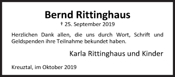 Traueranzeige von Bernd Rittinghaus von Siegener Zeitung