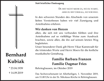 Traueranzeige von Bernhard Kubiak von Siegener Zeitung