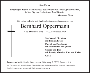 Traueranzeige von Bernhard Oppermann von Siegener Zeitung