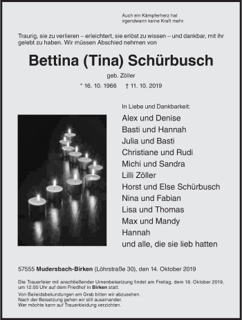 Traueranzeige von Bettina  Schürbusch von Siegener Zeitung