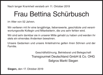 Traueranzeige von Bettina  Schürbusch von Siegener Zeitung