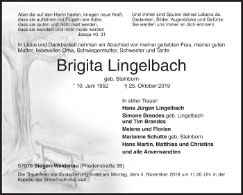 Traueranzeige von Brigita Lingelbach von Siegener Zeitung